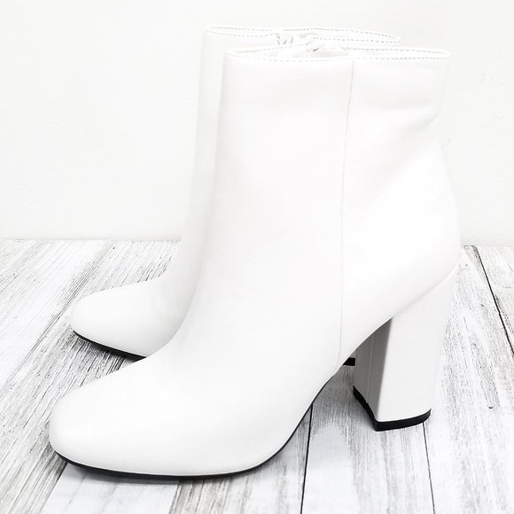 New White Chunky Heel Square Toe Bootie Ankle Boot - Picture 2 of 6
